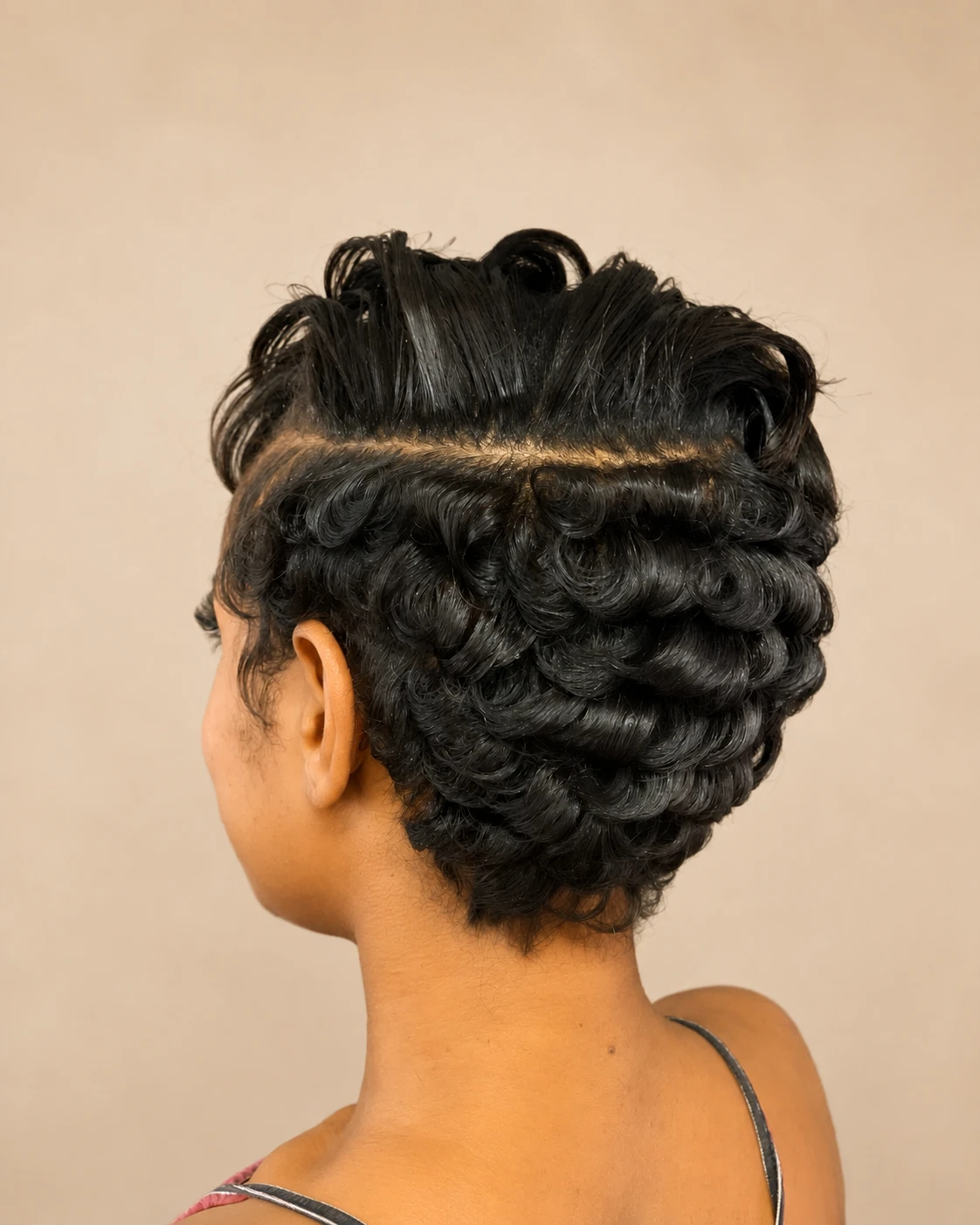 Client’s short hairstyle with sculpted curls, viewed from behind